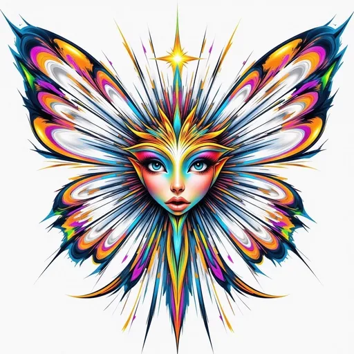 Prompt: a colorful butterfly with a woman's face on it's wings and a star above it's head, Android Jones, psychedelic art, highly detailed digital art, an airbrush painting