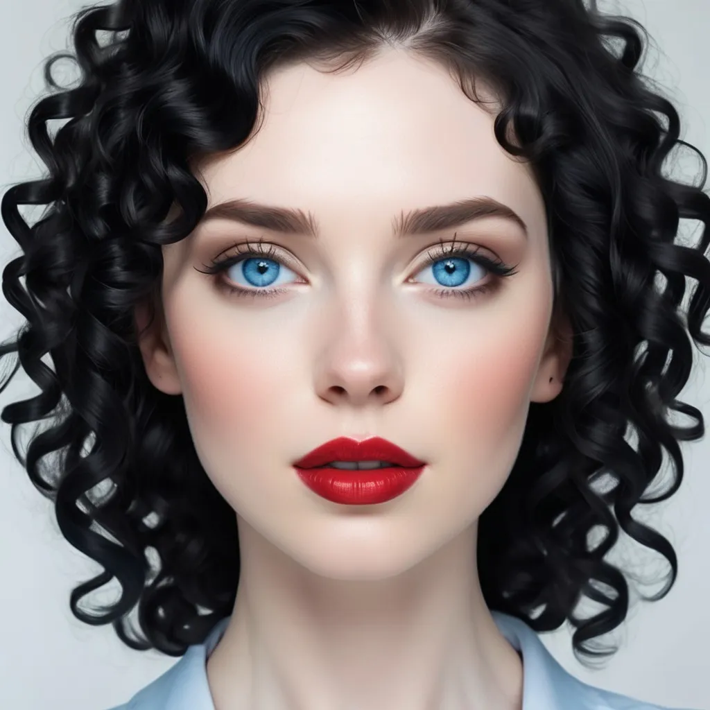 Prompt: An elegant and beautiful woman.  curly black hair, pale skin and blue eyes, red lips