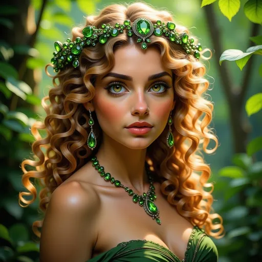 Prompt: Surrounded by lush greenery in a mystical forest, a young woman emanates an ethereal beauty that captivates the viewer. Her flowing, golden curls frame a delicate face, accentuated by striking green eyes that gleam with an enchanting light. Adorned with a crown of green gemstones and intricate jewelry that reflects nature's bounty, she possesses an aura of regal elegance amidst the dappled sunlight filtering through the trees. The composition draws the eye to her serene expression, suggesting a connection to the natural world, while the soft, warm colors enhance the enchanting mood of the scene, invoking a sense of magic and tranquility.