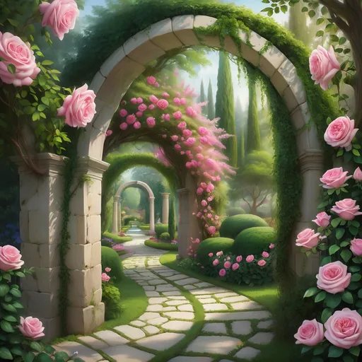 Prompt: A tranquil garden path meanders through a lush paradise, flanked by vibrant pink roses that bloom abundantly, their soft petals exuding a delicate charm. Towering cypress trees and meticulously shaped hedges form an elegant backdrop, while an archway draped in greenery beckons at the far end, inviting visitors deeper into this serene haven. The stone pathway, framed by a colorful carpet of flowers, leads the eye towards a distant seating area, hinting at moments of relaxation amidst nature. Bathed in warm sunlight under a softly colored sky, the scene conveys a mood of tranquility and beauty, embodying the peaceful allure of a well-tended floral retreat.