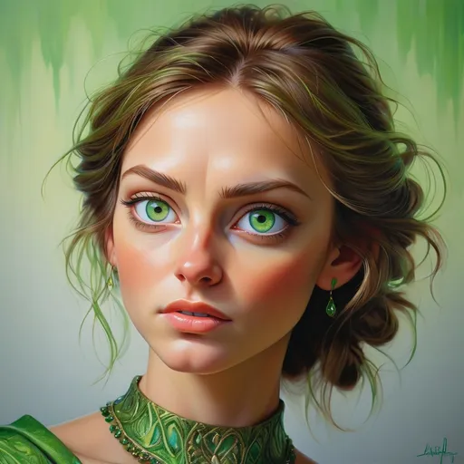 Prompt: Close-up, realistic painting of mesmerizing green eyes, lifelike details, vibrant shades of green, subtle reflections, high resolution, realistic painting, detailed facial features, intense gaze, professional, lifelike, vibrant green, high quality, realistic, detailed, atmospheric lighting