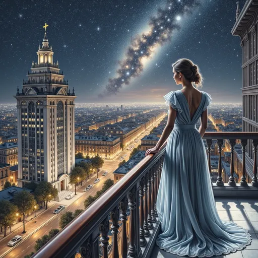 Prompt: A woman standing on a balcony, gazing at a vast starry sky, cityscape below, twinkling lights creating a mesmerizing glow, serene and contemplative atmosphere, cool tones illuminating the night, delicate breezes stirring her hair, capturing a moment of wonder, ultra-detailed, vivid interpretation, cinematic depth, nighttime beauty, star clusters scattered across the dark canvas.