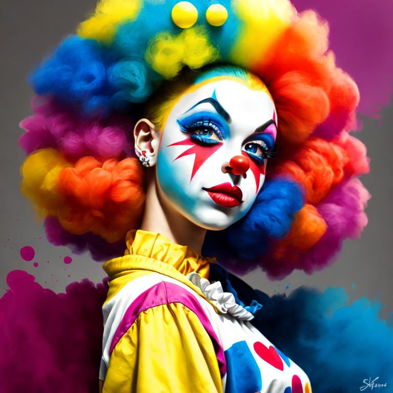 Prompt: Primary color clown, cute makeup, high quality, cartoon, bright colors, detailed features, playful expression, professional lighting