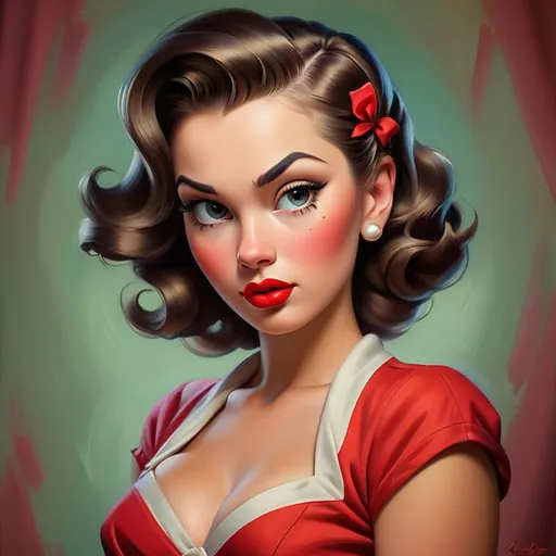 Prompt: Pin-up portrait, classic oil painting, vibrant and retro colors, vintage hairstyle, red lipstick,detailed facial features, traditional art technique, high quality, classical, vibrant colors,  classic style, detailed brushwork, professional lighting