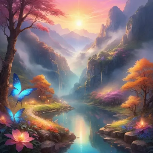 Prompt: (ethereal glow), luminous light radiating, soft illumination, vivid colors, warm ambient tones, magical atmosphere, serene background, enchanting landscapes, high detail, ultra-detailed, vibrant, dreamlike scenery, shimmering reflections, calming hues, captivating visual experience