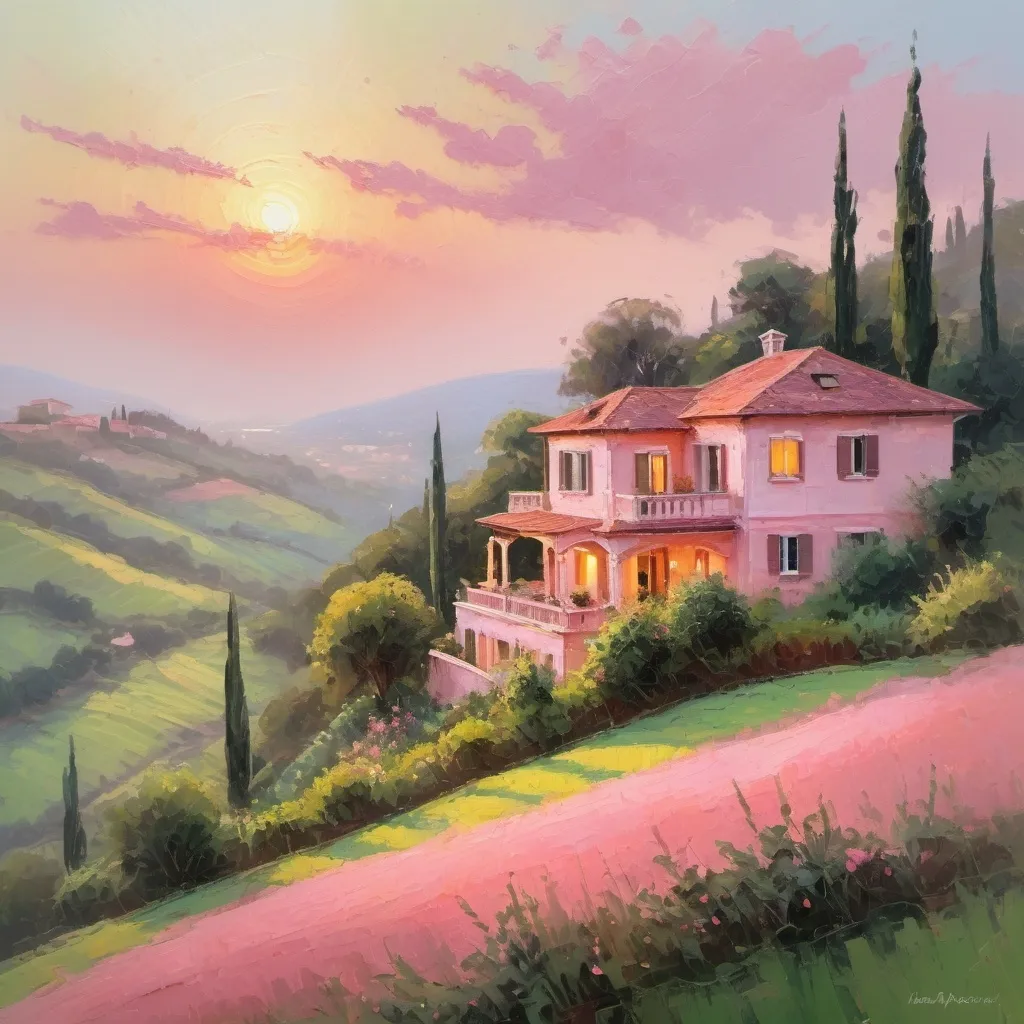 Prompt: Villa on a hillside, sunrise, pinkish   Impasto, Impressionist
  