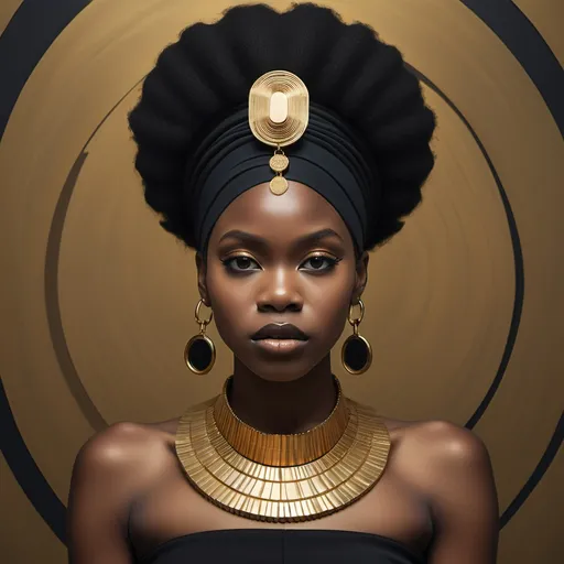 Prompt: <mymodel> a woman with a gold necklace and earrings on her head, wearing a black dress and a gold necklace, Chinwe Chukwuogo-Roy, afrofuturism, regal, a character portrait