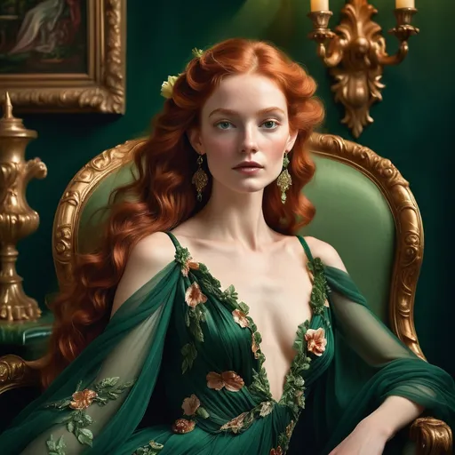Prompt: A strikingly elegant woman sits regally against a backdrop of deep emerald green walls adorned with ornate sconces, casting a warm glow across the scene. Her long, wavy red hair cascades over her shoulders, accentuated by a delicate flower tucked near her ear, adding a touch of softness to her poised demeanor. Draped in a sumptuous green gown embellished with intricate floral embroidery and a sparkling center brooch, she exudes an air of refinement and grace. The plush, burgundy velvet sofa contrasts beautifully with her dress, while her composed expression suggests a narrative of serenity and confidence. Soft lighting enhances the luxurious atmosphere, creating a timeless and sophisticated mood that invites admiration.
