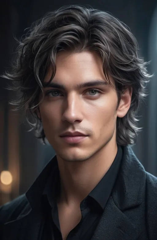 Prompt: Young man with a disheveled hair, cool-toned digital illustration, Eric Roberts-like appearance, Rhysand's manners, detailed facial features, moody lighting, fantasy, cool tones, disheveled hair, detailed eyes, digital art, highres, atmospheric lighting
