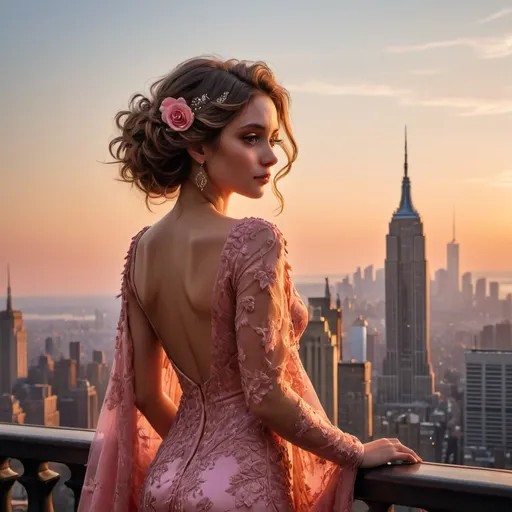 Prompt: Bathed in the warm glow of a sunset, a young woman stands elegantly on a balcony overlooking a sprawling cityscape, where the iconic silhouette of the Empire State Building towers in the distance. Adorned in a stunning pink gown embellished with vibrant floral patterns, she exudes grace and sophistication, her expressive gaze directed towards the horizon. Soft curls cascade down her shoulders, framing her delicate features, while the intricate detailing of her dress harmonizes beautifully with the twilight sky. The atmospheric lighting highlights the ornate architectural elements surrounding her and enhances the romantic mood of the scene, as if she is lost in a daydream amidst the bustling city below.