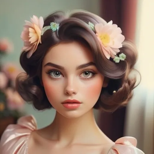 Prompt: brunette woman, very shiny hair, soft and dreamy, vintage aesthetic, pastel colors, flower in her hair