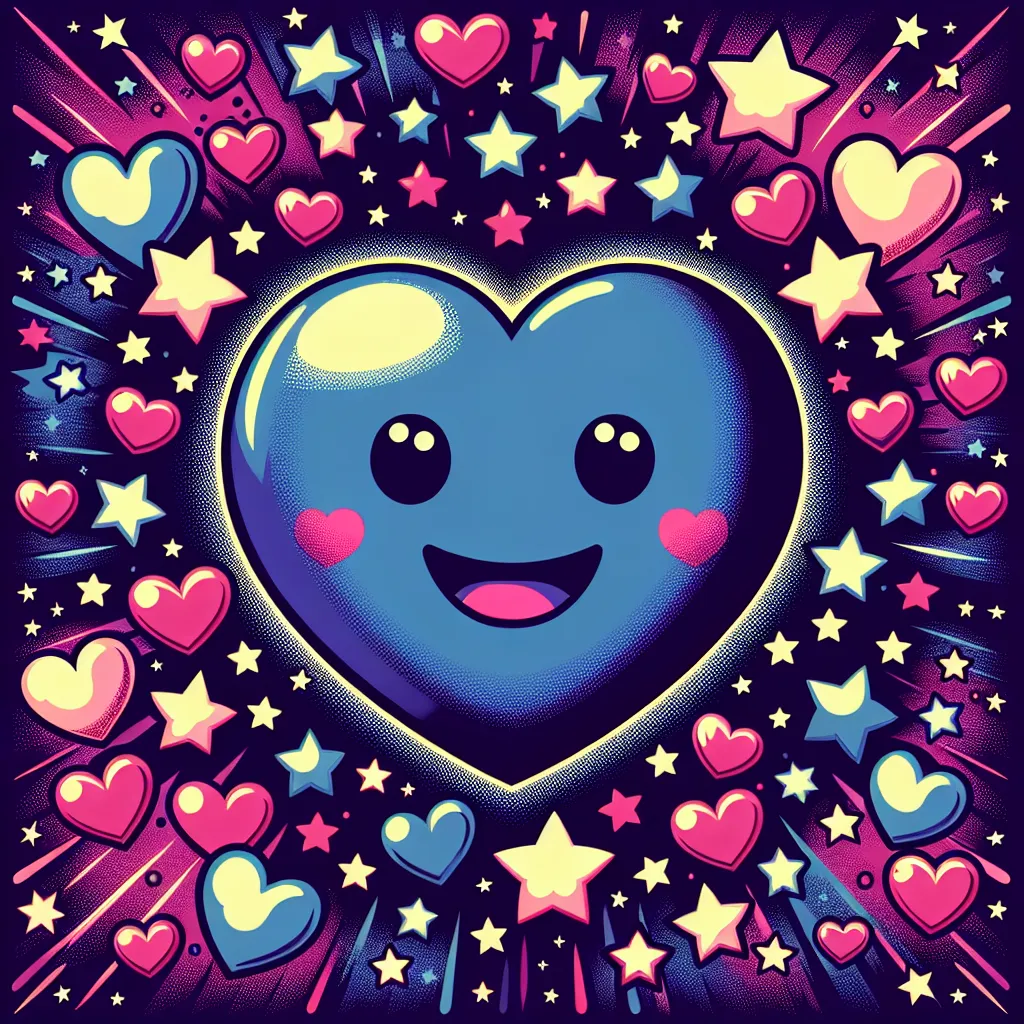 Prompt: a heart with a face and many hearts around it, with stars and hearts around it, and a purple background, Alex Grey, pop surrealism, cheerful, a pop art painting