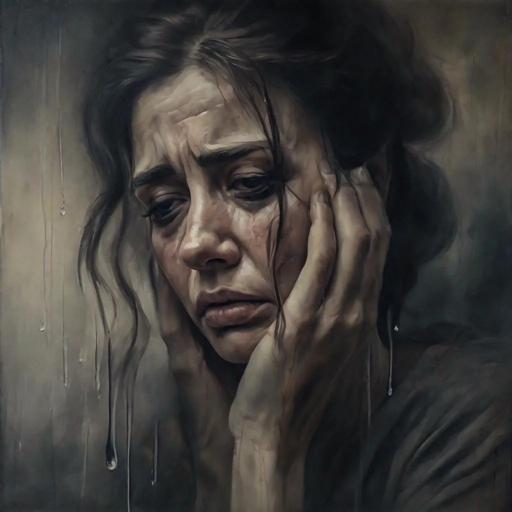 Prompt: Very sad lady, oil painting, tears streaming down her face, desaturated colors, moody lighting, high detail, realistic style