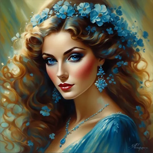 Prompt: <mymodel>beautiful woman, ethereal,dreamscape,, pale blue colors, flowers, closeup