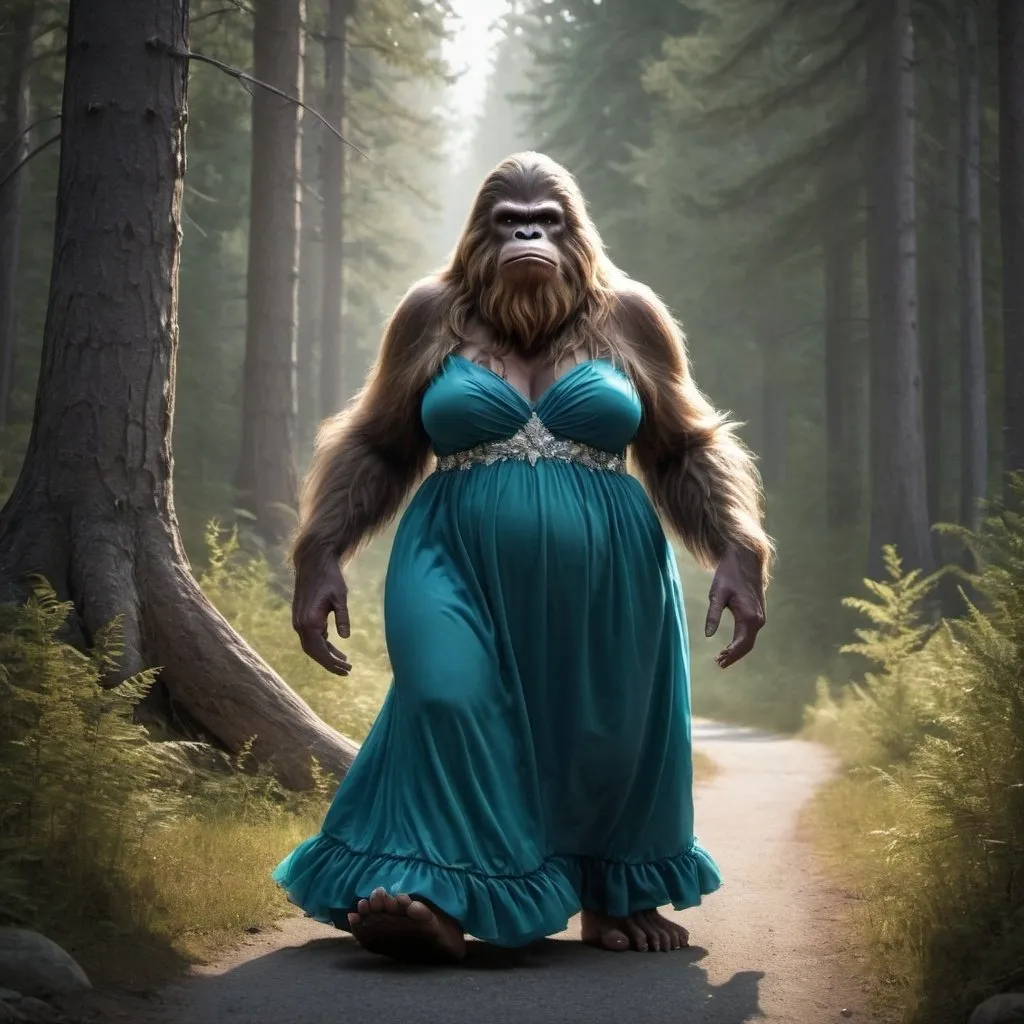 Prompt: A female bigfoot wearing an evening gown