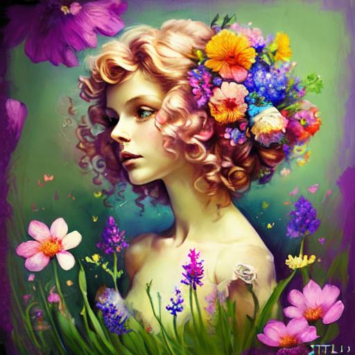 Prompt: a fairy of spring, Sbitley Temple curls, ,wildflowers, vivid colors, closeup