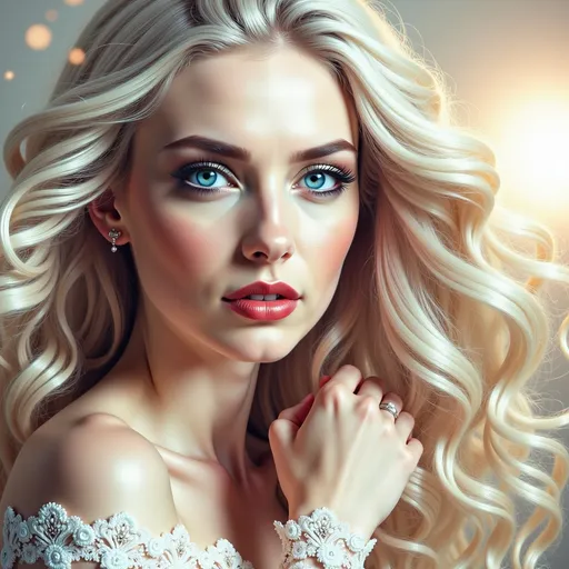 Prompt: (woman with platinum hair and blue eyes), striking facial features, (intense gaze), flowing hair illuminated by soft light, ethereal beauty, elegant pose, dreamy background, delicate colors, tranquil ambiance, (highly detailed), enchanting atmosphere, soft focus, ultra-detailed, cinematic depth, visually captivating masterpiece.