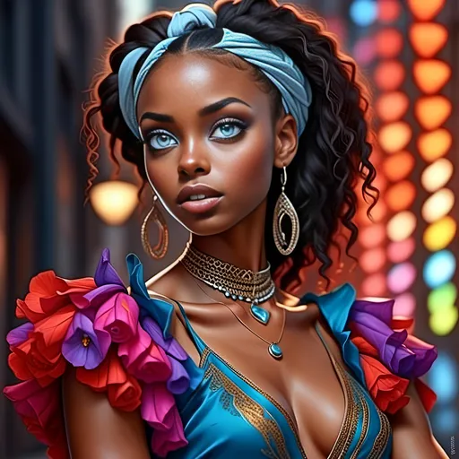 Prompt: <mymodel>digital painting, dramatic colourful makeup, high fashion, intense gaze, realistic portrayal, vibrant colors, detailed features, highres, professional, dramatic, realistic, digital painting, intense gaze, vibrant colors, detailed features, high fashion, glamorous lighting