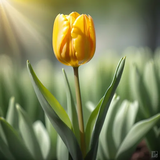 Prompt: (vibrant yellow tulip), (lush greenery in the background), serene nature, sunlight filtering through leaves, soft focus, high depth of field, botanical beauty, gentle breeze effect, warm tones, ultra-detailed, inviting ambiance, floral elegance, nature’s tranquility, soothing atmosphere, freshness of spring