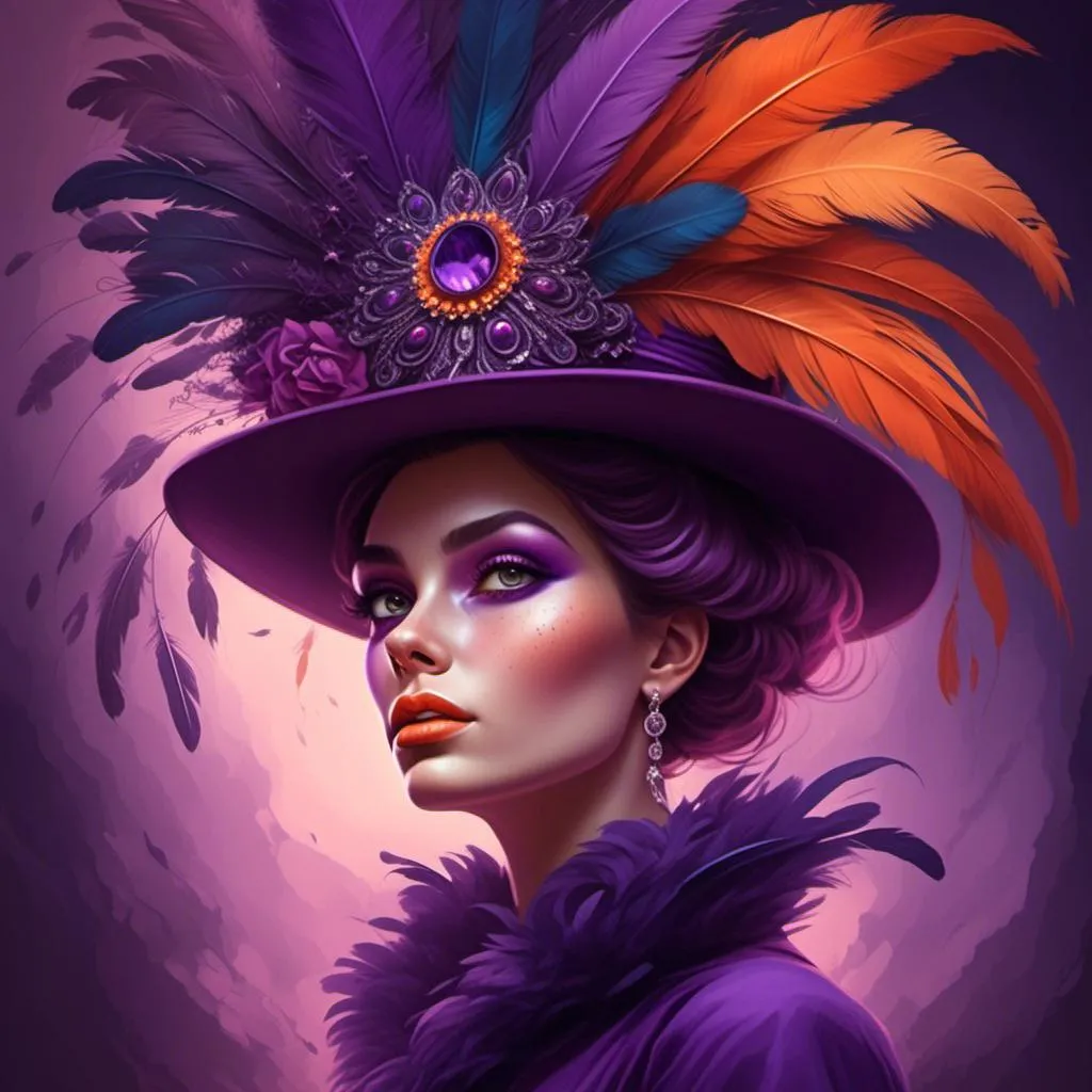 Prompt: a woman wearing a purple hat with feathers on it's head and a purple dress with a purple dress and a purple hat with orange feathers, Edwin Georgi, fantasy art, highly detailed digital painting, a detailed painting <mymodel>