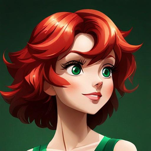 Prompt: A pretty girl with red hair wearing emerald green