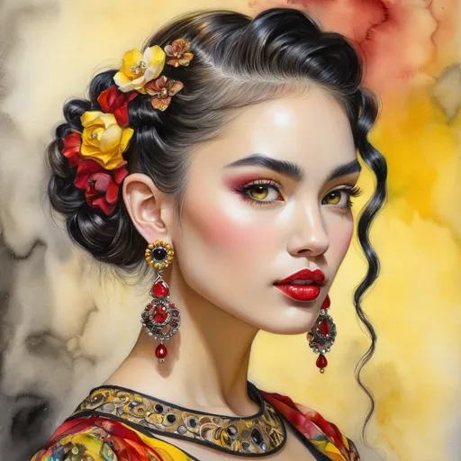 Prompt: <mymodel> beautiful woman, hair pinned up, yellow red black dress, earrings, Watercolor, trending on artstation, sharp focus, studio photo, intricate details, highly detailed, by  Josephine Wall and Jasmine Becket-Griffith