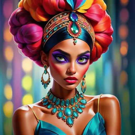 Prompt: digital painting, dramatic colourful makeup, high fashion, intense gaze, realistic portrayal, vibrant colors, detailed features, highres, professional, dramatic, realistic, digital painting, intense gaze, vibrant colors, detailed features, high fashion, glamorous lighting