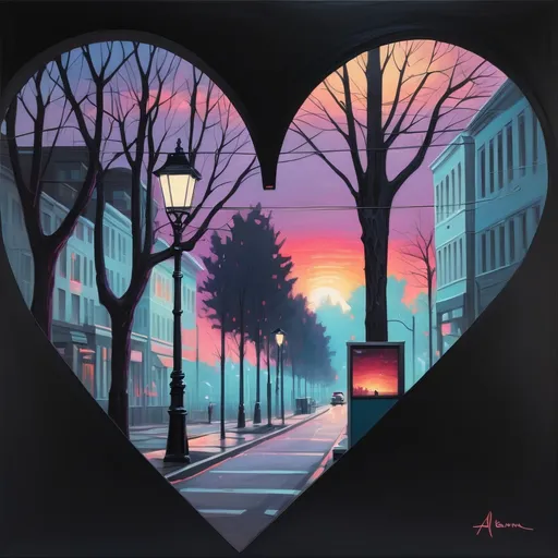 Prompt: a painting of a city street with a colorful sunset and trees on it, with a lampposts in the foreground, Alena Aenami, american scene painting, impressionist painting, a detailed painting