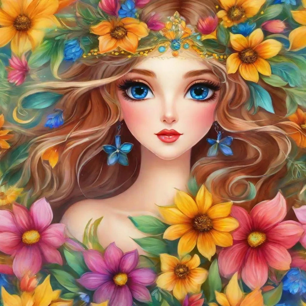 Prompt: Fairy of summer, vivid colors,large eyes, warm coiors, wildflowers, closeup