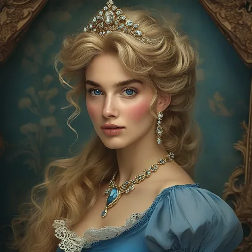 Prompt: a woman with blonde hair and blue eyes wearing a blue dress and a tiara with a diamond necklace, Alice Prin, rococo, victorian, a photorealistic painting