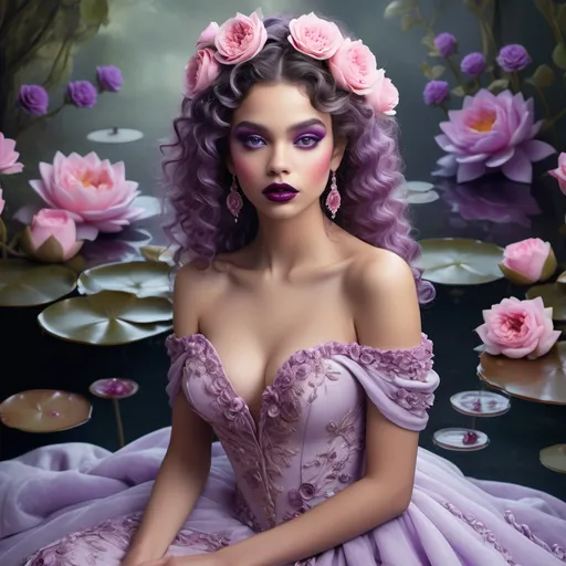 Prompt: Bathed in a soft lavender hue, a stunning figure with glamorous, curly hair sits elegantly amongst a cascade of delicate roses and water lilies in shades of pink and purple. Her deep, dramatic makeup features bold violet eyeshadow and rich plum lips, enhancing her striking features and youthful allure. The intricate detailing of her off-shoulder gown, adorned with exquisite embroidery, complements the floral backdrop and further elevates the ethereal quality of the scene. The overall composition exudes a luxurious, dreamlike atmosphere, blending elegance with a touch of romanticism, making it feel like a page from a fairy tale or high-fashion editorial.