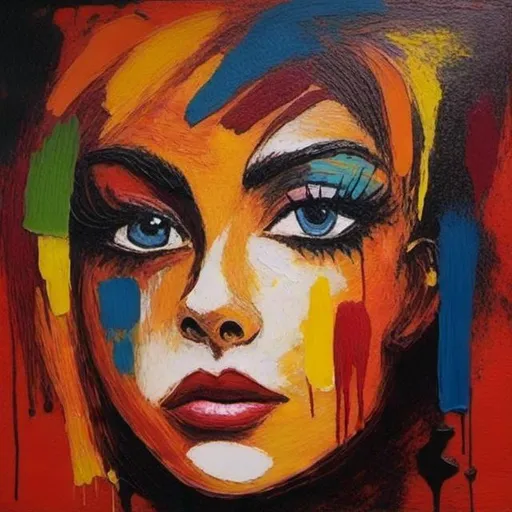 Prompt: <mymodel>Sad meaning disguised under happy expressionism, oil painting, vibrant and contrasting colors, emotional brush strokes, intense and contrasting, abstract, emotional, high quality, expressionism, oil painting, vibrant colors, emotional brush strokes, intense, abstract, contrasting, artistic, emotional