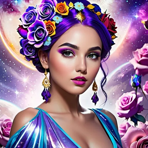 Prompt: Cosmic epic beauty with gorgeous, purple roses in hair, high-res, surreal, cosmic, vibrant colors, detailed floral hairpiece, ethereal aura, celestial backdrop, majestic beauty, galaxy-inspired, breathtaking lighting, dreamlike atmosphere, incredible attention to detail, cosmic fantasy, stunningly beautiful, best quality, surrealism, vibrant tones, celestial lighting