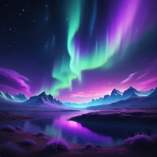 Prompt: (a breathtaking night sky), vibrant aurora borealis in stunning shades of purple, scattered twinkling stars, deep indigo backdrop, magical and serene atmosphere, illuminating soft glow, high-quality 4K resolution, ultra-detailed textures, a sense of wonder and tranquility, cosmic beauty, expansive celestial view.