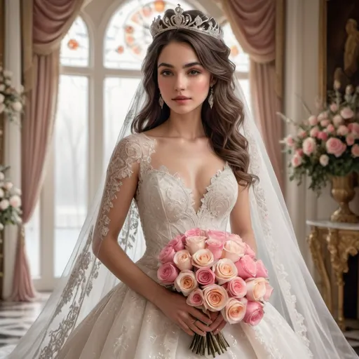 Prompt: Radiating elegance, the bride stands in a beautifully decorated indoor setting, draped in a stunning white gown adorned with intricate silver embroidery and delicate lace accents. Her dark hair is elegantly styled, complemented by a regal crown sparkling with jewels, while a flowing veil cascades behind her. Holding a vibrant bouquet of roses in shades of pink, white, and soft peach, her confident and joyous expression captures the excitement of the occasion. Soft, diffused lighting enhances the romance of the scene, with hints of greenery visible in the background, suggesting a celebration filled with love and beauty. The overall composition exudes grace and a timeless charm, highlighting the bride's radiant beauty.