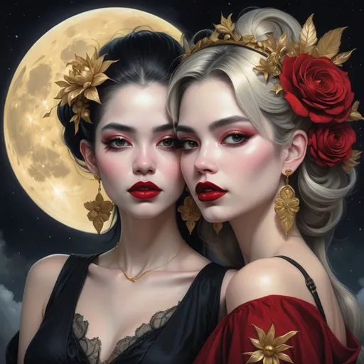 Prompt: two women with flowers in their hair and a moon behind them, both wearing red lipstick and gold earrings, Artgerm, gothic art, highly detailed digital painting, a detailed painting