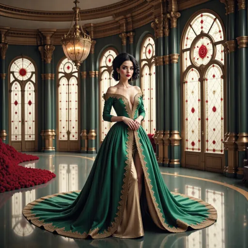 Prompt: In an opulent, grand hall adorned with intricate decor and elegant windows, a stunning figure stands at the center, commanding attention with her sophisticated poise. Dressed in an exquisite, rich green gown that cascades gracefully to the floor, the dress features ornate golden embellishments and a deep neckline, highlighting her elegant silhouette. Her dark hair is styled in soft waves, framing her face that exudes confidence and allure with striking red lips. The background is bathed in warm light filtering through stained glass windows, where the delicate patterns intermingle with the lush, polished marble floor, enhancing the luxurious ambiance of this enchanting scene. The overall composition evokes a sense of timeless elegance and beauty, as if she has stepped out of a fairytale.