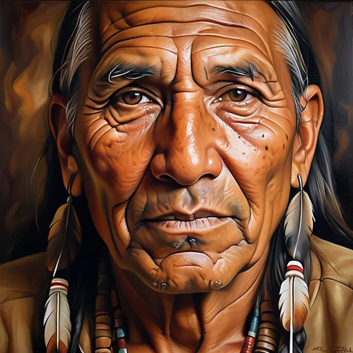 Prompt: Realistic oil painting of an native American man, weathered and wise, intricate patterns and textures, expressive eyes with a hint of sadness, wrinkled and kind smile, warm and earthy color palette, soft natural lighting, high quality, realistic, traditional, emotional portrait, detailed facial features, textured clothing, warm tones, atmospheric lighting background to be nature and low cuality picture
