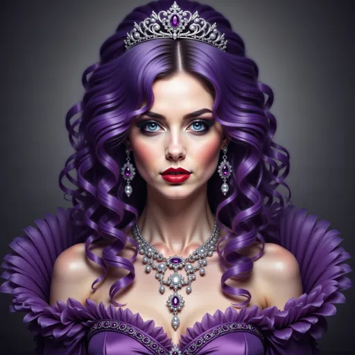 Prompt: a woman with purple hair wearing a tiara and a purple dress with a diamond necklace and earrings on, Anne Stokes, gothic art, highly detailed digital painting, a detailed painting