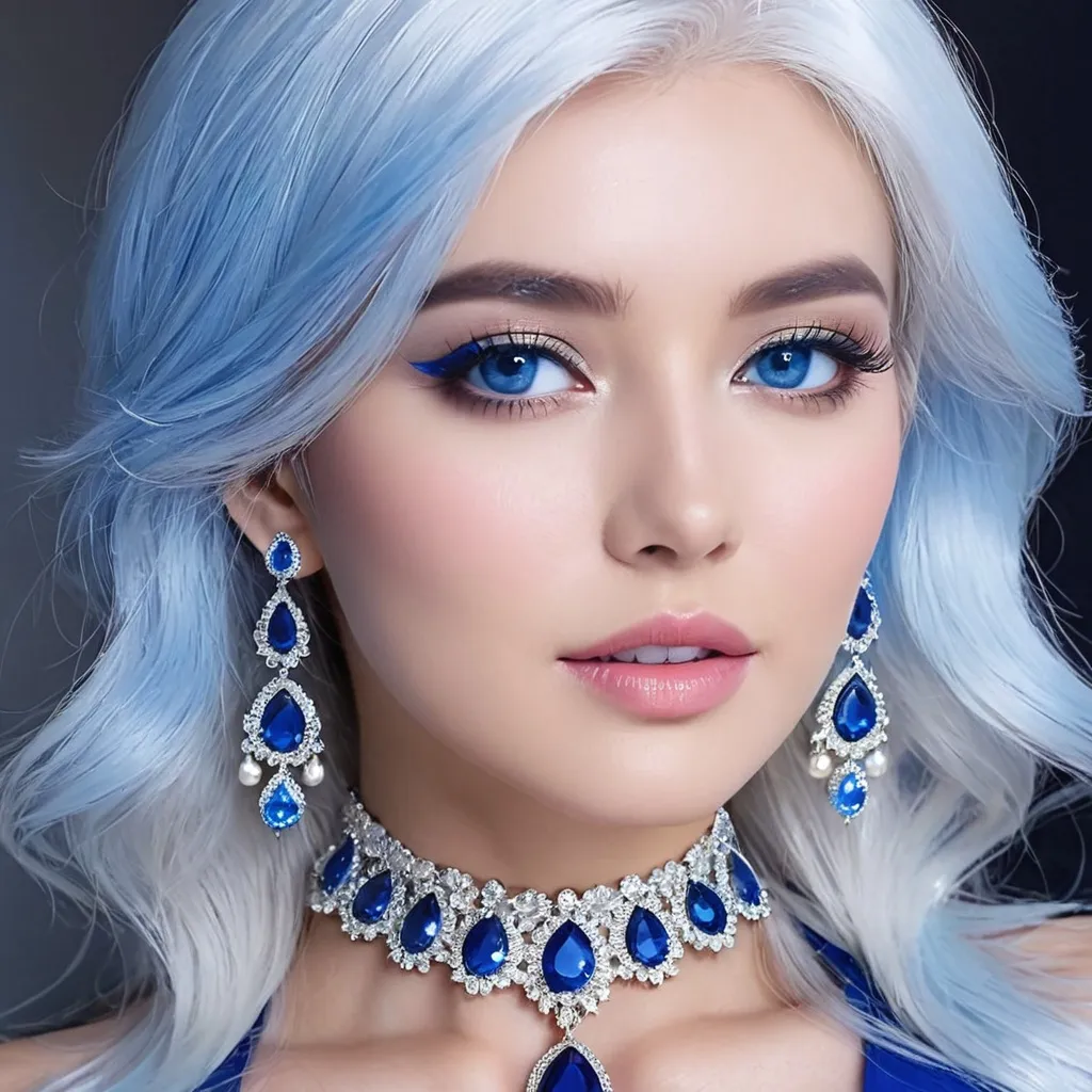 Prompt: <mymodel>A beautiful woman, white hair, blue eyes, blue eyeshadow, blue jewels o