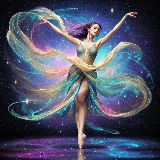 Prompt: a stunning depiction of a dancer whose flowing movements create beautiful, swirling galaxies. The dancer's form and dress are painted with stars and cosmic dust, illustrating the harmony between human expression and the universe. Light background 