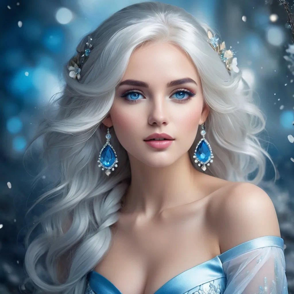 Prompt: <mymodel>High-res digital painting of a beautiful woman with snow white hair and pastel highlights, frosty blue eyes, blue eyeshadow, and blue jewels on her forehead, ethereal fantasy style, cool tones, soft and magical lighting, detailed facial features, professional, elegant, high quality