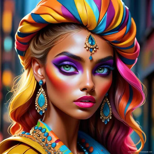 Prompt: digital painting, dramatic colourful makeup, high fashion, intense gaze, realistic portrayal, vibrant colors, detailed features, highres, professional, dramatic, realistic, digital painting, intense gaze, vibrant colors, detailed features, high fashion, glamorous lighting