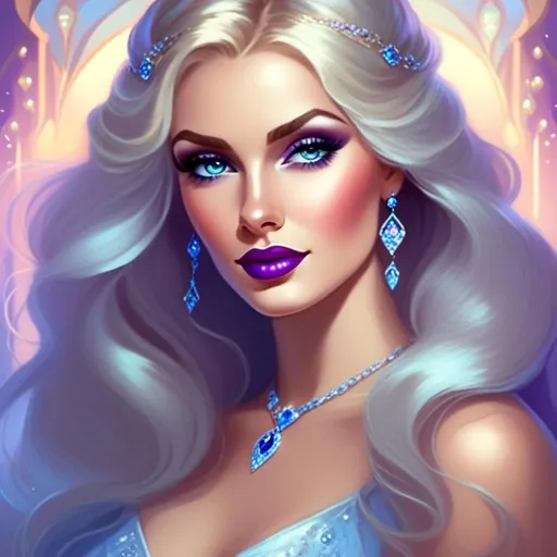 Prompt: <mymodel>Beautiful ethereal woman, long blonde hair,and icy blue eyes color, purple lipstick, facial closeup