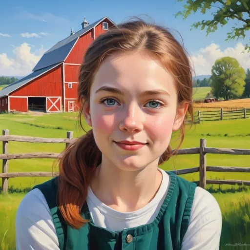 Prompt: a pretty farm in a classic farm scene with a red barn, rustic countryside setting, vibrant green pastures, traditional wooden fences, clear blue sky, high quality, oil painting, classic style, warm tones, natural lighting