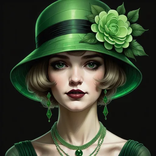 Prompt: a painting of 20's flapper wearing a green hat and necklace with a flower on it's head and a green necklace, Charlie Bowater, gothic art, highly detailed digital painting, an ultrafine detailed painting