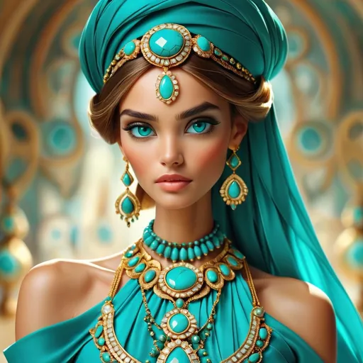 Prompt: <mymodel>An extremely gorgeous woman,  with turquoise jewels, in color scheme of turquoise and gold