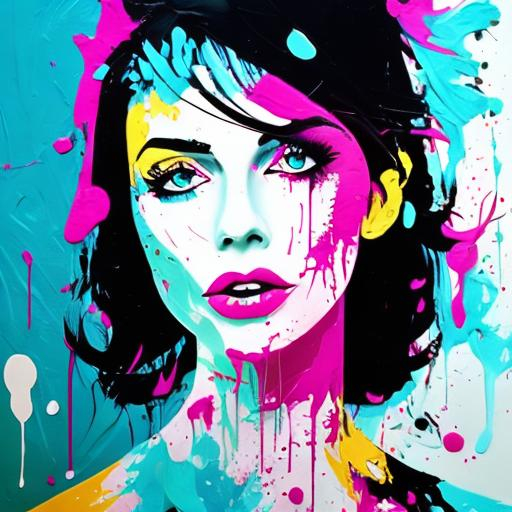 Prompt: woman, magenta and turquoise paint splatter