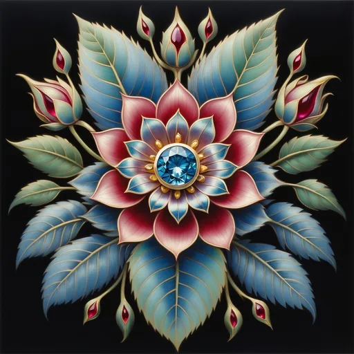 Prompt: a painting of a flower with leaves and a ruby stone in the center of the flower is a blue diamond, Amanda Sage, cloisonnism, in gouache detailed paintings, an airbrush painting