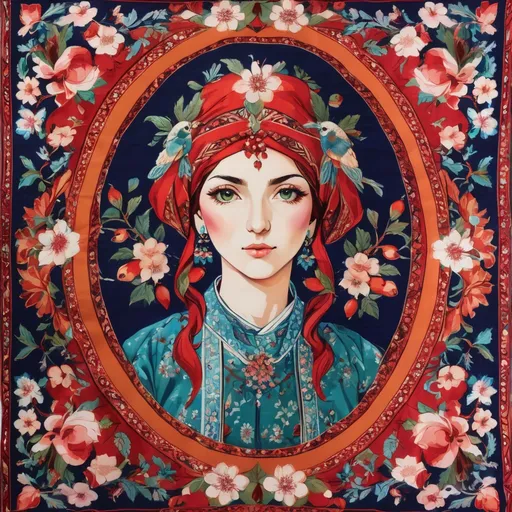 Prompt: A colorful design in the dimensions of 140x140 centimeters, its main theme is white and red, there are pomegranates and cherry blossoms in it, and some green leaves and branches and traditional Iranian designs are used, and there are small birds in it.